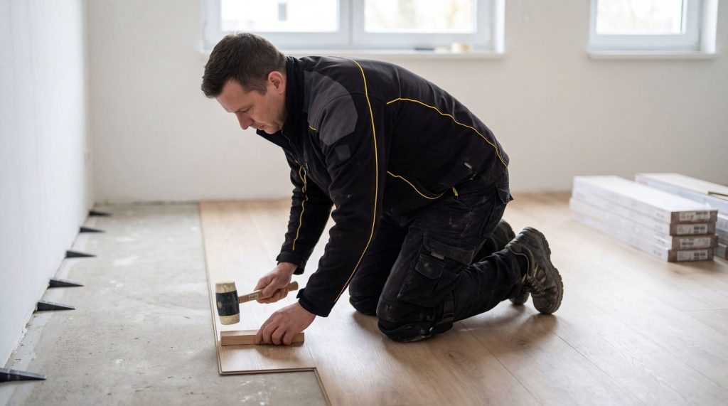 Poseur de parquet qui cale les lames au maillet